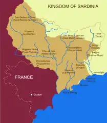 Frontera en el condado de Niza. Línea marrón: frontera de los actuales Alpes Marítimos; en marrón, territorio anexado en 1860; En amarillo, territorio anexado en 1945.