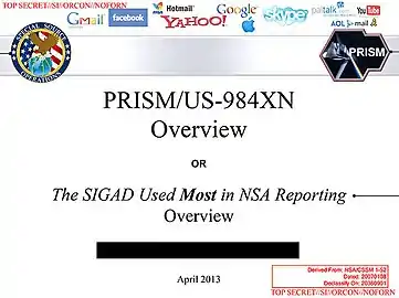 Carátula de la presentación de PRISM, pueden verse los logos de empresas asociadas al programa: Apple, Google, Facebook, Yahoo, Microsoft.