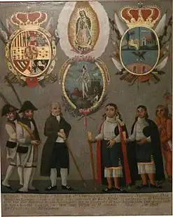 Véase a la izquierda del cuadro un escudo que en tervio menor muestra una de las versiones del águila y la serpiente.