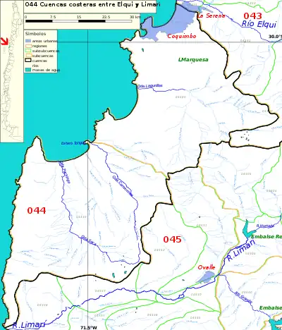 El item 044 del inventario de cuencas de Chile incluye las cuencas de la quebrada Pachingo y del Estero Tongoy, entre otras.