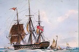 El navío de línea San Martín como EIC Cumberland. Fue el buque de mayor tonelaje y el único exponente de su tipo en la marina chilena durante esta época de la vela.