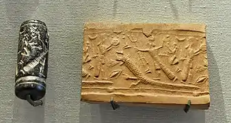 Combate mitológico: el dios Assur, atacando a un monstruo.