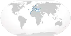 Distribución de la pastinacaBailly, Nicolas (2008). «Dasyatis pastinaca (Linnaeus, 1758)». Registro Mundial de Especies Marinas (en inglés). Consultado el 21 de agosto de 2016. 