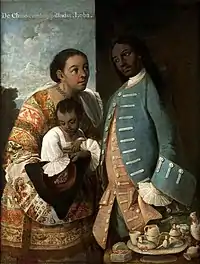 Escena de mestizaje (pintura de castas): De chino cambujo e india, loba. Miguel Cabrera, escuela novohispana, 1763.