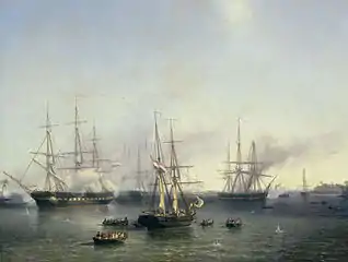 La flota de Kock conquistando Palembang en 1821, por Louis Meijer.