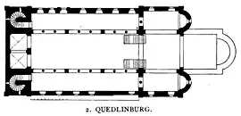 Planta de la iglesia de Georg Dehio/Gustav von Bezold, Kirchliche Baukunst des Abendlandes (Stuttgart: Verlag der Cotta'schen Buchhandlung 1887-1901, placa n.º 47. Debido a su antigüedad, debe usarse con cuidado ya que puede no reflejar el estado actual)