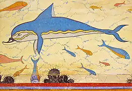 Delfín y otros animales marinos en un fresco del Palacio de Cnosos, pintura minoica.