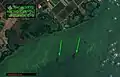 Las flechas verdes apuntan hacia derrames petroleros en el Lago de Maracaibo, en Venezuela. Se desconoce la fecha de ambos derrames.