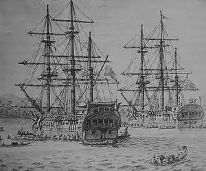 La Descubierta y la Atrevida en la isla filipina de Samar, durante la expedición Malaspina, 1789–1794.