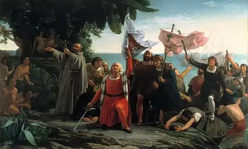 Primer desembarco de Cristóbal Colón en América, en 1492.
