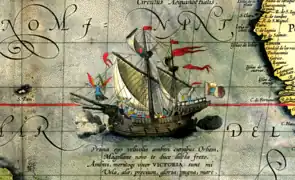 La Victoria, nao de la expedición Magallanes-Elcano (1519-1521), en una ilustración de un mapa de Abraham Ortelius, 1590.