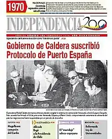 Diario venezolano "Independencia" con imagén de la firma del Protocolo de Puerto España; año 160, Venezuela, 1970.