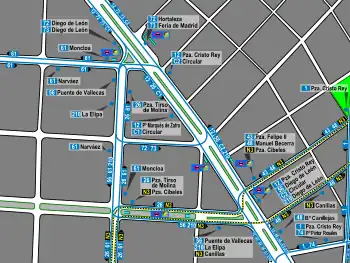 Mapa de la zona de Diego de León con los accesos al Metro y los recorridos de los autobuses de la EMT que pasan por ella.