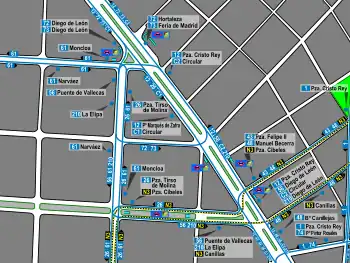 Mapa zonal de la estación de metro de Diego de León con los recorridos de las líneas de autobuses, entre las que aparece el 43.