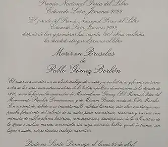 Diploma Premio Eduardo León Jimenes 2022