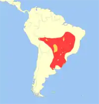 alt=Distribución del ciervo de los pantanos 
( Rojo: Extinto, Amarillo: Presente )