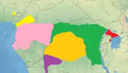 alt=
* Rosa: Lophocebus albigena
* Naranja: Lophocebus aterrimus
* Verde: Lophocebus johnstoni
* Violeta: Lophocebus opdenboschi
* Amarillo: Lophocebus osmani
* Rojo: Lophocebus ugandae