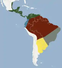D.e.ega en marrón, D.e.panamensis en verde, D.e.caudatu en gris, D.e.argentinus en amarillo y D.e.fuscatus en azul.