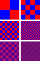 Un ejemplo de tramado. El rojo y el azul son los únicos colores utilizados, pero a medida que los píxeles se hacen más pequeños, el parche parece violeta.