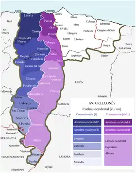 Allugamientu de les cuatro faces del asturianu occidental dientro del dominiu llingüísticu astur occidental.