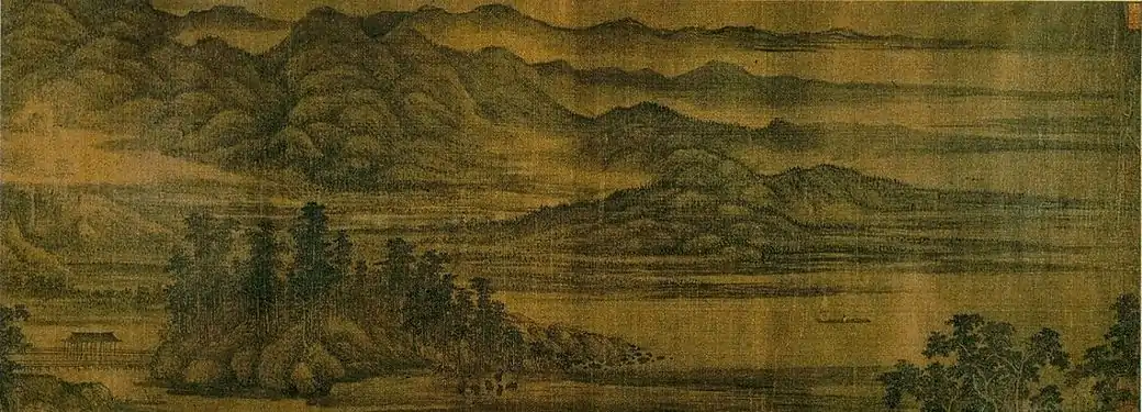 Montañas estivales, ca. 950, sección de un rollo portátil, tinta y color sobre seda, 49,2 × 311,7 cm. Museo de Shanghái.