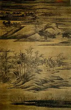 Boscajes invernales y riberas escalonadas, hacia 950, rollo vertical, tinta y colores sobre seda, 181,5 × 116,5 cm. Instituto Kurokawa de arte antiguo, Hyogo, Japón.·.