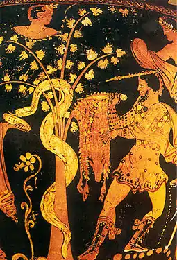 Jasón obteniendo el vellocino de oro y matando al dragón mientras Medea ofrece al ofidio una poción. Fragmento de una crátera de mediados del siglo IV a. C. pintada por el llamado Pintor de Licurgo, Museo Arqueológico Nacional de Nápoles.