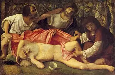 Giovanni Bellini (ca.1425/33-1553), La embriaguez de Noé, ca.1515, óleo sobre tela, 103 × 157 cm.