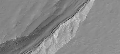 Vista de barrancos que muestran polígonos, como los ve HiRISE en el programa HiWish. Los polígonos generalmente se forman en suelos helados ricos en hielo. Nota: esta es una ampliación de una imagen anterior.