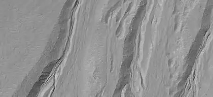 Primer plano de barrancos que muestran formas aerodinámicas en canales, como lo ve HiRISE en el programa HiWish Nota: esta es una ampliación de una imagen anterior..