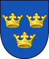 Las Armas Menores de Suecia, con las llamadas «Tres Coronas». Este escudo data de alrededor de 1336.