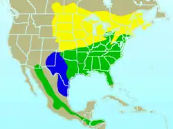 DistribuciónAmarillo = verano solamenteAzul = invierno solamenteVerde = todo el año