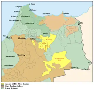 Distribución geográfica de las lenguas zenati del Atlas medio oriental.