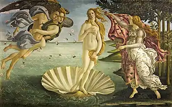 Large rectangular panel. At the centre, the Goddess Venus, with her thick golden hair curving around her is standing afloat in a large seashell. To the left, two Wind Gods blow her towards the shore where on the right Flora, the spirit of Spring, is about to drape her in a pink robe decorated with flowers. The figures are elongated and serene. The colors are delicate. Gold has been used to highlight the details.