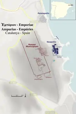 Planta del yacimiento arqueológico de Emporiae (Ampurias). Fue la primera ciudad ocupada por los romanos en la península, si bien era aliada de ellos, para evitar el avance de los cartagineses, que tenían su asentamiento más cercano en Cartagena.