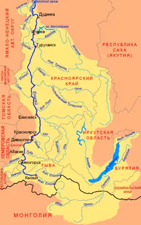 Krasnoyarsk (Красноярск) en mapa en ruso del Yeniséi