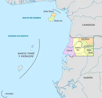 Un mapa de Guinea Ecuatorial en el que se puede hacer clic y que muestra sus dos regiones y ocho provincias. La nación insular de Santo Tomé y Príncipe no forma parte de Guinea Ecuatorial.