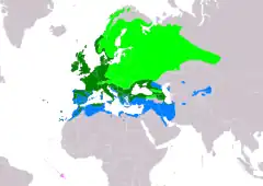 Distribución de Erithacus rubecula