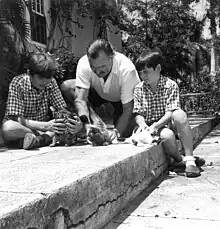 un hombre de cabello oscuro con una camisa ligera con dos chicos de cabello oscuro con pantalones cortos, sentado en un patio de piedra, jugando con tres gatitos.