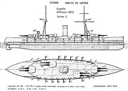 El barco lleva cuatro torretas de dos cañones, una centrada hacia adelante, una detrás y al lado derecho del barco, otra más atrás y a la izquierda, y la última centrada en la popa. Numerosos cañones más pequeños se distribuyen a lo largo de los costados del buque.