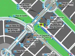 Mapa de la estación de Las Tablas con los accesos al Metro y los recorridos de los autobuses de la EMT que pasan por ella, entre los que se encuentra la línea T61.