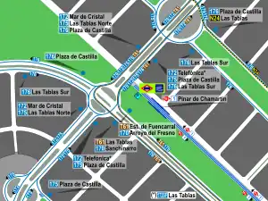 Mapa de la estación de Las Tablas con los accesos al Metro y los recorridos de los autobuses de la EMT que pasan por ella, entre los que se encuentra la línea 175.