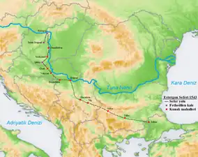 La ruta de campaña del ejército otomano.