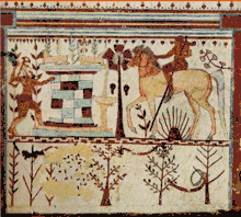 Troilo emboscado por Aquiles en un fresco etrusco (siglo VI a. C.).