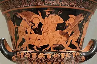 Crátera de Eufronio (cerámica de figuras rojas de Eufronio, hacia 515 a. C.). La escena representa al cuerpo de Sarpedón sostenido por Eros y Tánatos, ante Hermes.