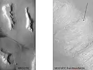 La flecha en la imagen de la izquierda apunta a un posible valle tallado por un glaciar. La imagen de la derecha muestra el mismo valle más ampliado, usando una imagen del Mars Global Surveyor