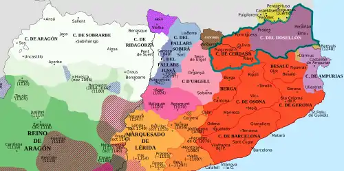 Condados pirenaicos orientales. La fina línea negra es la frontera entre las comunidades autónomas actuales de Aragón y Cataluña.