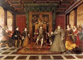 La familia de Enrique VIII, alegoría de la sucesión Tudor, 1572, atribuido a Lucas de Heere.