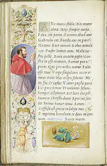 Página de Las horas de los Farnesio, con retrato del cardenal que encargó la obra.