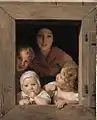 Joven campesina con tres niños en la ventana, Ferdinand Georg Waldmüller, 1840.